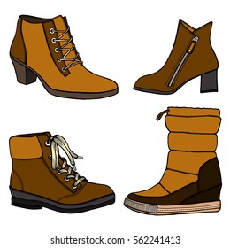 Vector illustration of woman fall and winter shoes, boots set. Hand-drown footwear illustrations. Fashion collection sketch.