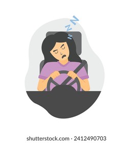 vector illustration of a woman falling asleep while driving a car, flat style illustration