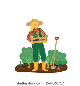 Vector illustration of woman farmer holding box with fresh vegetables. Harvest. Eat local concept. Small business. Hand drawn style. 