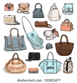 Vector illustration of woman fashion collection of bags. Hand-drown objects sketch isolated on white background. 
