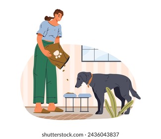 Ilustración vectorial de la mujer que alimenta al perro. Firma con comida para mascotas para refugio voluntario. Animal doméstico comiendo comida del tazón. Perro de dibujos animados de alimentación femenina con bocadillo. Centro de ayuda para la nutrición mamaria