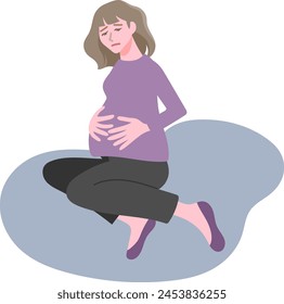 Vector illustration of a woman feeling depressed due to maternity blues, sitting down and holding her hand on her swollen belly