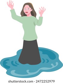 Vector illustration of a woman feeling desperate and sinking into a bottomless swamp