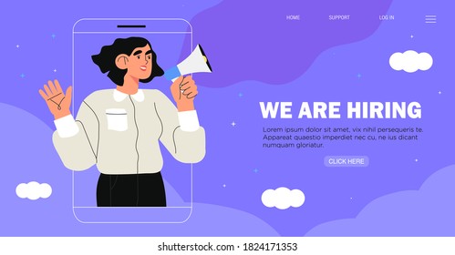 Vector illustration of woman or female employer in smartphone shout in loud speaker and recruit new employees. We are hiring, job  vacancy or headhunting banner, poster, flyer or web page design.