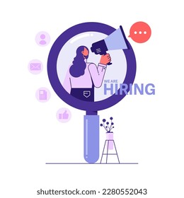 Vector illustration of woman or female employer in magnifying glass shout in loud speaker and recruit new employees. We are hiring, job vacancy or headhunting