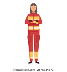 Vector illustration of a woman firefighter in full protective gear standing with folded arms