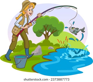 vector illustration of woman fishing