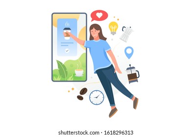 Vector illustration Woman floating takes coffee from the screen of smartphone. Buy coffee online with the mobile application, Coffee shop illustration concept. Vector flat illustration