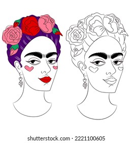 Vector illustration of woman with flower on the head in color and black and white 