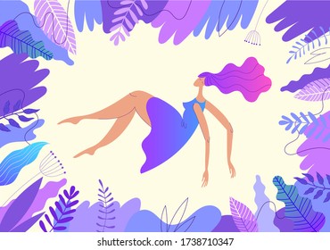 Vector illustration. Woman flying, laying down, dreaming with leaves, florals, wavy elements around. Web page design templates for beauty, spa, wellness, natural products, cosmetics, body care. 