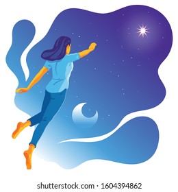 Vector illustration of a woman flying in the night sky, trying to reach or catch the brightest star. Concept design of realizing dreams, pursuing higher achievement in life, striving for success.