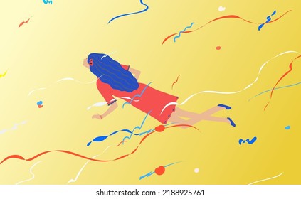 Vector illustration of woman flying in the sky. Concept art of freedom and dream. Conceptual artwork