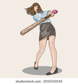 vector illustration of a woman in formal wear hitting style with a baseball bat
