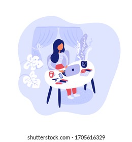 Vector illustration of woman freelancer working with her laptop during quarantine stay home. Illustration in flat style work from home office. Prevent infection spreading.
