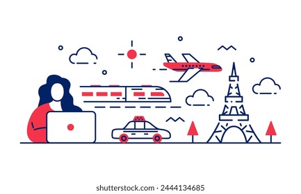 Vector illustration of a woman in front of a laptop planning a trip to a sporting event in Paris. Outline image of a girl choosing which transport is best to travel: plane, train, taxi or car