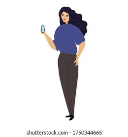 Vector illustration of a woman in full growth who is standing and holding a mobile phone in her hands, is looking at the screen. Dressed in a sweater and pants. People. curly hair, female face. Flat
