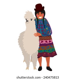Vector illustration of woman with funny alpaca