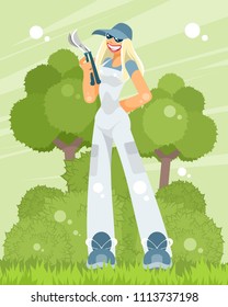 Vector illustration of a woman gardener with a pruner