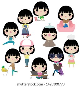 Vector illustration of woman or girl in different lifestyle activities such as cooking, reading, cleaning, working, being sick,  traveling, studying, exercising, shopping, taking photos.