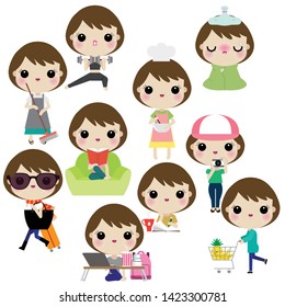 Vector illustration of woman or girl in different lifestyle activities such as cooking, reading, cleaning, working, being sick,  traveling, studying, exercising, shopping, taking photos.