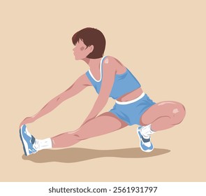 Vector illustration woman girl doing sports, exercises, stretching on beige background. Suitable for any projects in healthcare, mobile applications, websites, advertising