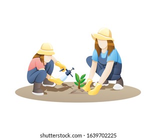 Vector illustration Woman and girl gardening together. Mother and daughter planting flowers in the garden. Gardening vector concept white isolated background