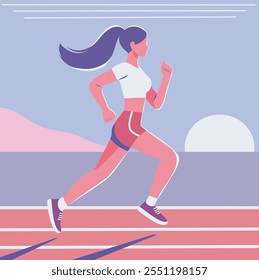 Ilustración vectorial mujer niña, trotar o participar en competiciones, maratón. Mujer corriendo al aire libre sobre fondo abstracto minimalista. Adecuado para cualquier proyecto que promueva un estilo de vida saludable 