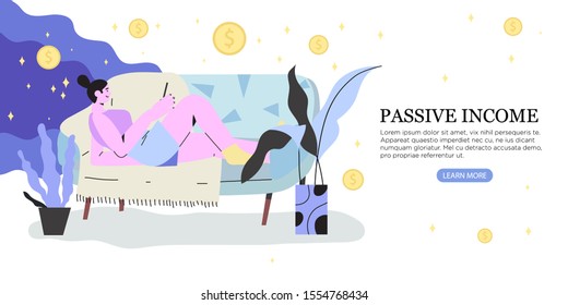 Vector illustration of a woman or girl lying and relaxing on a sofa with a smartphone earning money online. Passive income, freelance, distant work or work at home concept. 