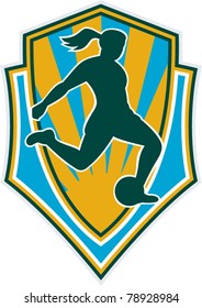 vector illustration of a woman girl playing soccer kicking the ball set inside shield
