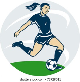 vector illustration of a woman girl playing soccer kicking the ball cartoon style