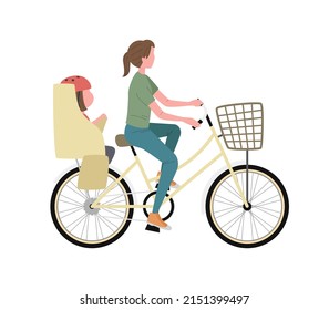 Vector illustration of woman and girl riding a bicycle with child seat.