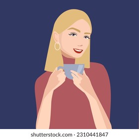 Vector illustration of a woman. The girl sits at a table in a cafe holding coffee against the background isolated. The summer concept is suitable for a poster, a post in social networks