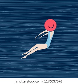 Vector illustration with woman and girl in swimsuit on dark blue background.