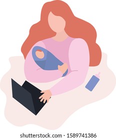 Vector illustration. Woman or girl is working on computer or laptop with child in her arms. work on maternity leave, freelance, part time job. Trendy flat style. Isolated on white background