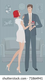 Vector illustration of the woman giving a gift the man at home