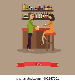 Vector illustration of woman with glass of wine sitting at bar counter and man with mug of beer coming near her. Bar interior. Flat style design.