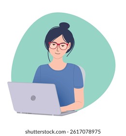  Vector illustration of a woman with glasses focused on working at a laptop. She appears engaged and concentrated in a modern setting. The image uses simple, clean design elements.