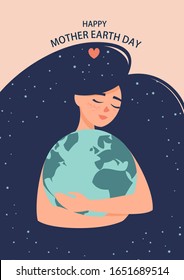 Vector illustration of a woman with a globe in her hands and the text happy mother earth day