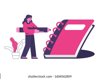 Vector illustration woman going to write in the note book 