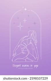 Vector illustration of a woman in the graceful yoga pose, drawn in a single-line style. The background has a purple gradient with a crescent moon, creating a calm and meditative atmosphere