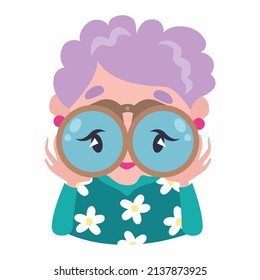 Vector illustration woman. Grandmother with binoculars. Flat character.