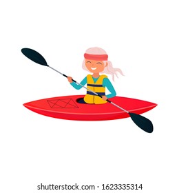 Vector illustration of a woman with gray hair floats on a red kayak in cartoon style. Young or old woman canoeing and paddle. Water activities, sports, outdoor recreation. Healthy life style