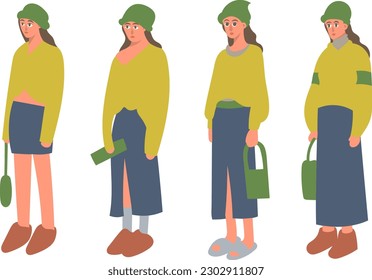 Vector illustration of a woman in a green jacket with a bag.