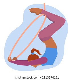 Vector illustration of a woman in gym clothes doing aerial hoop pose. Girl doing hanging hoop gymnastics.