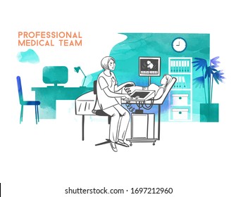 Vector Illustration Of Woman Gynecologist Makes An Ultrasound To A Pregnant Woman In A Medical Office.  Sketch And Watercolor Illustration.