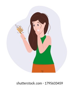 Vector illustration: woman with hair in comb. Hair loss concept.