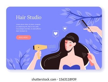 Vector illustration of woman in the hair studio, web banner concept. Hair stylist and client in beauty salon. Concept of professional hair beauty treatment