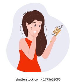 Vector illustration: woman with hairbrush. Hair loss concept.