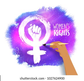 Vector illustration of woman hand drawing Feminism protest symbol with brush on watercolor stain background with outer space.