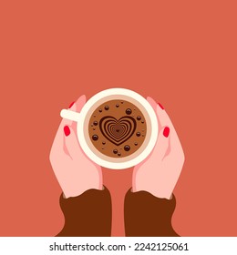 Vector illustration of a woman hand holding a cup of coffee with heart shaped foam. warm autumn time hot coffee with heart.